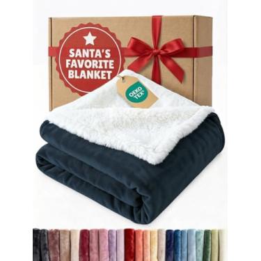 Imagem de Cobertor de lã sherpa - Cobertor de lã de ovelha reversível - Super macio dupla face para cama, sofá, sofá - grosso, quente, felpudo e felpudo - Roupa de cama luxuosa para o inverno - Azul-marinho