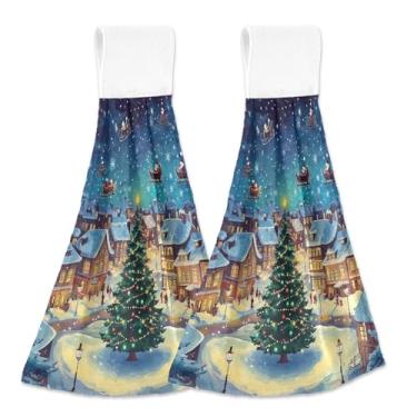 Imagem de Blueangle 2 peças de toalhas de gravata penduradas na cidade da neve de desenho animado toalha de mão toalha de mão absorvente de veludo coral macio pano para cozinha banheiro (455)