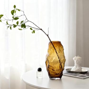 Imagem de Vaso de vidro âmbar 28 cm, vaso de flor marrom soprado à mão, vaso moderno para grama de pampa e flores frescas, vaso de centro de mesa marrom, vasos de decoração de casa âmbar