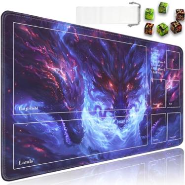 Imagem de JVGFYNKL Tapete de brinquedo TCG com zonas, borracha antiderrapante de 61 x 35 cm para MTG Playmat com cordão e bolsa de viagem e 6 dados, para tapete MTG, jogo de cartas com estampa de dragão azul