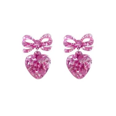 Imagem de Todu Brincos de coração femininos de acrílico com lantejoulas e laço de coração para presente de dia dos namorados, Zinco Acrílico, Sem pedra preciosa