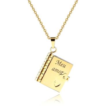 Imagem de FLORA Colar com pingente de mini livro em formato de coração que se abre corrente para clavícula colar com pingente de livro gravado colar em aço titânio moderno e versátil (Meu amor, Ouro)