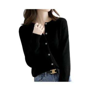 Imagem de Suéter Cardigan Feminino De Gola Redonda, Ajuste Solto, Cor Sólida, To