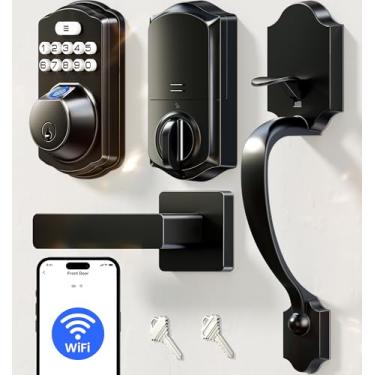 Imagem de Veise VE012W-H Fechadura inteligente de impressão digital WiFi integrada com conjunto de alças, controle remoto de aplicativo, conjunto de fechadura de porta frontal sem chave, teclado retroiluminado