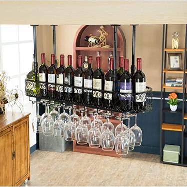 Imagem de Suporte de taça de vinho para pendurar em ferro forjado vintage, 30-60 cm, altura ajustável, suporte de garrafa de vinho de camada dupla