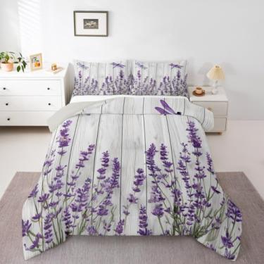 Imagem de Erosebridal Conjunto de edredom queen de lavanda com porta de celeiro de fazenda, para mulheres, meninas, rústico, cottagecore, libélula, jardim, floral, flor, placa de madeira, 3 peças