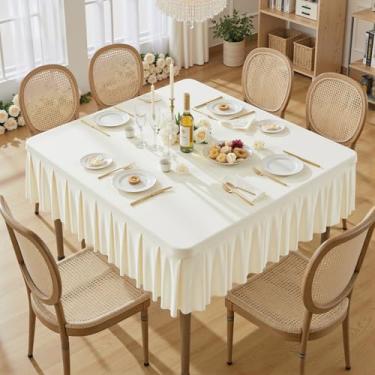 Imagem de Wish Care Toalhas de mesa de elastano marfim para mesas quadradas de 137 x 137 polegadas, roupas de mesa elásticas com saia plissada com babados para mesa de 137 cm, sem rugas e elásticas, para festa