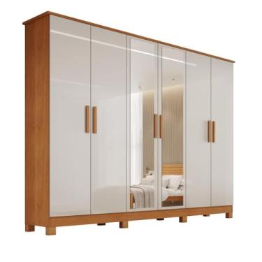 Imagem de Guarda Roupa Casal Nina 100% MDF Com Espelho 6 Portas 4 Gavetas Puxador Em Madeira - Bianchi Móveis
