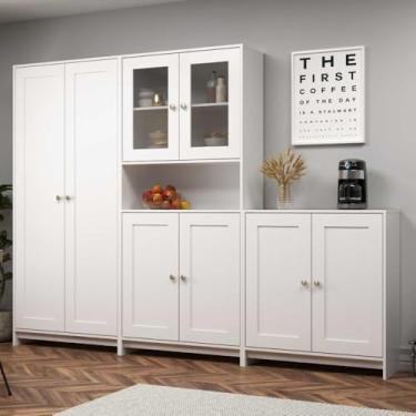 Imagem de Armário de Cozinha com Balcão e Paneleiro 3 Peças 8 Portas 8 Prateleiras Americano 252cm Cor Branco - Decibal Móveis