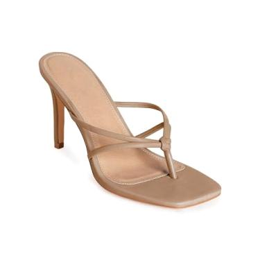 Imagem de Coutgo Sandálias femininas de salto alto com tiras de bico quadrado chinelos fashion tanga stiletto, Caqui, 39
