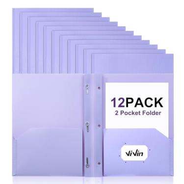 Imagem de ViVin Pasta de plástico resistente com bolsos, pacote com 12, pastas resistentes de dois bolsos de 3 pinos, comporta papel tamanho carta, pastas de arquivo com slot para cartão de visita para escola