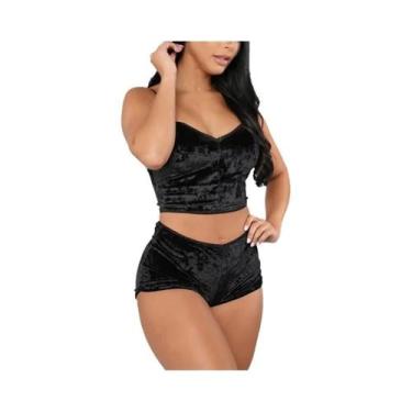 Imagem de Conjunto De Pijama Sexy Em Veludo Preto E Dourado Para Mulheres, Duas 
