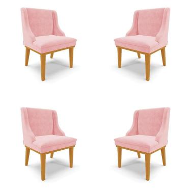 Imagem de Kit 4 Cadeiras Decorativas Sala De Jantar Base Fixa De Madeira Firenze Suede Rosa Bebê/castanho G19