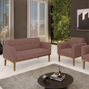 Imagem de Conjunto Poltrona E Namoradeira Decorativas Pés Fixo Em Madeira Castanho Veludo Rose