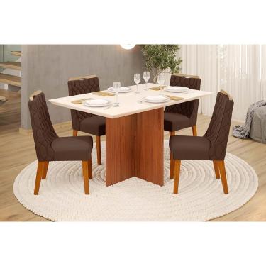 Imagem de Conjunto: Mesa de Cozinha Hera c/ Tampo Madeirado c/ Vidro Reto 120x90cm e 4 Cadeiras Bia Freijo/Off White - Suede Moca - DJ Móveis
