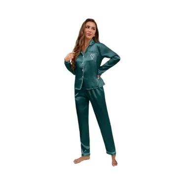 Imagem de Conjunto De Pijama De Seda Para Mulheres Com Manga Longa, Bolso E Bord