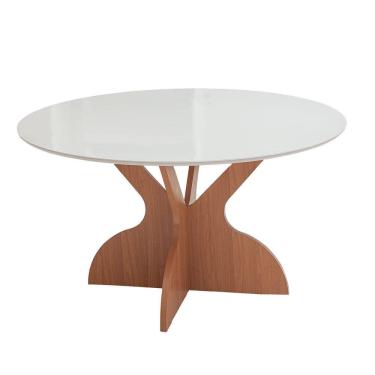Imagem de Mesa de Jantar Redonda 135cm 6 Lugares com Tampo de Vidro Chanfrado 100% Mdf Off White / Freijó