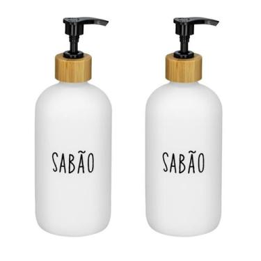 Imagem de Kit 2 Dispenser Porta Sabonete Liquido De Vidro Bambu 500ml - Haüskraf