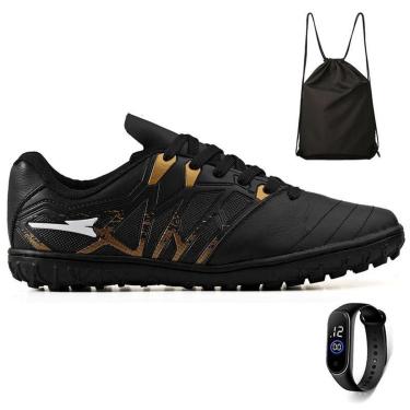 Imagem de Kit Chuteira Futebol Society Bico de Couro Grama Sintetica + Mochila + Relogio Adulto-Unissex