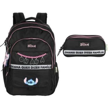 Imagem de Kit Mochila de Costas Juvenil + Estojo Triplo Stitch 3 Cores Feminina 