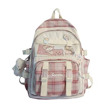 Imagem de Mochila xadrez Kawaii com pino e pingente de urso leve mochila escolar tamanho grande, rosa, Laptop