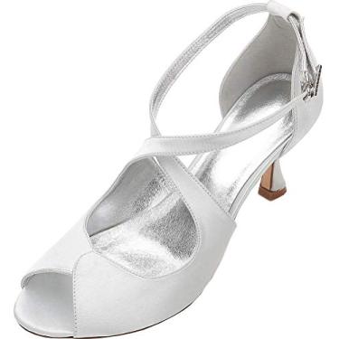Imagem de Sandálias femininas brancas com tiras cruzadas sapatos de noiva Peep Toe sandálias de casamento vestido festa trabalho, Prata, 6.5