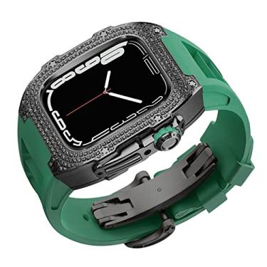 Imagem de SULUET Rm mod kit capa de diamante e pulseira fluororubber para Apple Watch Series 8 7 6 5 4 se, pulseira de borracha de flúor capa de strass para iwatch 45mm 44mm (cor: verde, tamanho: 45mm para 8 7)
