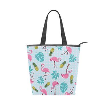 Imagem de Bolsa feminina durável de lona flamingos rosa tropicais folhas de palmeira grande capacidade sacola de compras bolsa de ombro