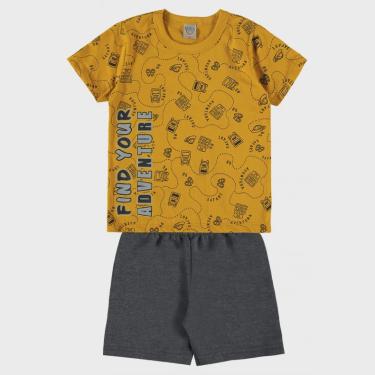 Imagem de Conjunto curto infantil camiseta mostarda estampado e bermuda moletom cinza escuro