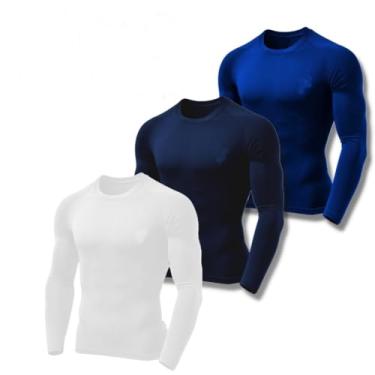 Imagem de Kit 3 Camisetas Masculinas Segunda Pele Térmica Proteção Solar Uv 50+ Manga Longa Dry Fit (GG, Azul Marinho/Azul Royal/Branco)