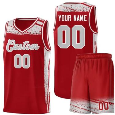 Imagem de Camisa masculina personalizada de basquete juvenil uniforme de treino uniforme impresso personalizado nome do time logotipo número, Vermelho e cinza - 05, One Size