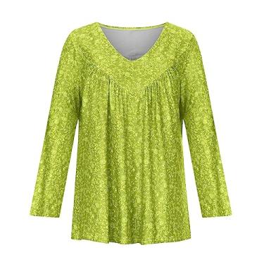Imagem de Camisetas juvenis estampadas florais folgadas para mulheres gola V franzido outono verão camiseta 2024, Z-432 amarelo mostarda, 5X-Large