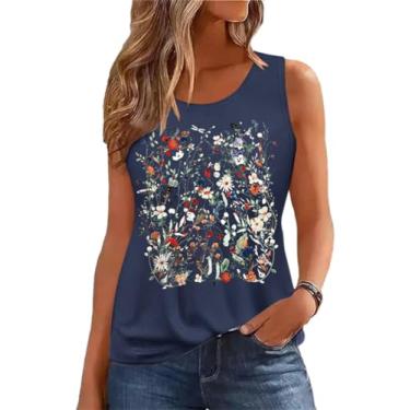 Imagem de Camiseta regata feminina de verão, sem mangas, estampa de flores vintage, boêmio, cottagecore flores silvestres, B - azul-marinho, XXG