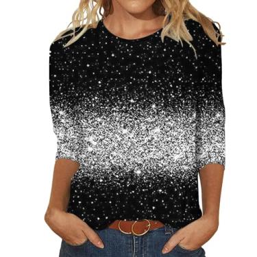 Imagem de Camisetas femininas brilhantes de manga 3/4 de veludo com lantejoulas macias midi, casual, solta, sexy, festa, balada, noite, túnica, Laranja, 3G