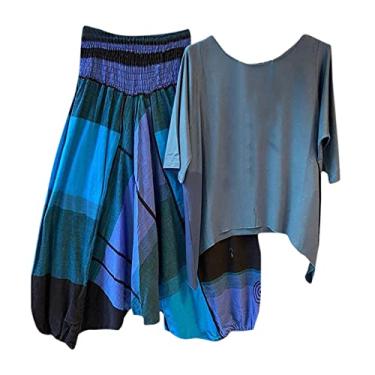 Imagem de Conjunto de 2 peças para mulheres, roupa de treino de linho de manga curta, blusa solta e calça de perna larga 2023, conjunto esportivo de duas peças, Hh1-azul, M
