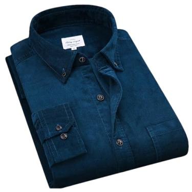 Imagem de BoShiNuo Camisa masculina de veludo cotelê de algodão quente outono inverno manga comprida camisa casual inteligente para homens confortáveis, Azul marinho, M