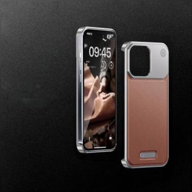 Imagem de Capa de telefone de metal de couro de luxo para iphone 13 14 15 pro max capa de telefone de alumínio magnético para iphone 13 14 15, marrom cinza, para iphone 15 promax