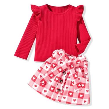 Imagem de MINIFEIKO Conjunto de 2 peças de saia para meninas pequenas e camisa com babados e saia xadrez, Vermelho (Valenty), 6-7 Anos