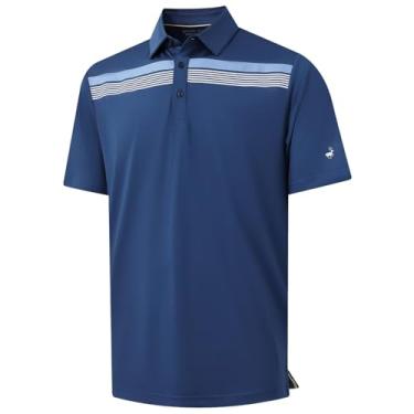 Imagem de Rouen Camisa polo masculina, manga curta, ajuste seco, leve, sem rugas, casual, atlética, listrada, camiseta de golfe masculina, Azul, 3G