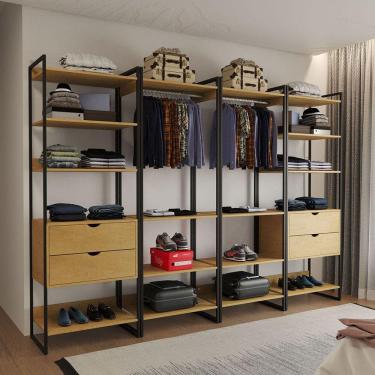 Imagem de Closet Industrial Casal Completo Loft Canela 4 Módulos Cabideiro com Gavetas Ferro Preto