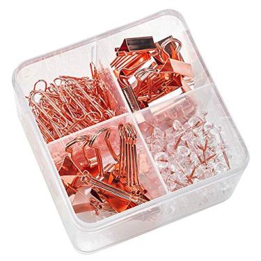Imagem de Conjunto de clipes de papel e fichário, fichários de metal de tamanhos variados com alfinetes, lindos materiais de escritório para mesa, acessórios de mesa (ouro rosa quadrado)