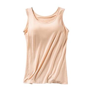 Imagem de Camisetas femininas com sutiã embutido 2024 verão algodão alças finas regatas básicas respiráveis, Bege, GG