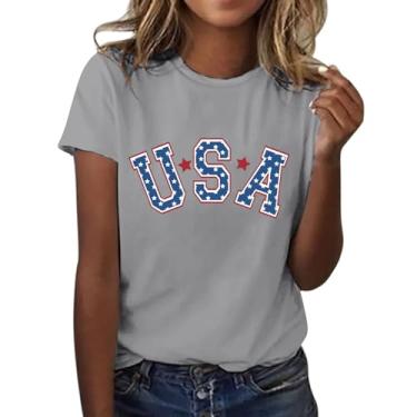 Imagem de Duobla Camisetas femininas de verão 2024 na moda 4 de julho camisetas com estampa de laço de cereja com coração fofo camiseta com letras engraçadas roupas modernas, A-2-cinza, XXG