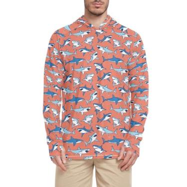 Imagem de Shark on Coral Camisa masculina com capuz manga comprida com capuz FPS 50 + Rash Guards Camisa de natação masculina, Tubarão em coral, M