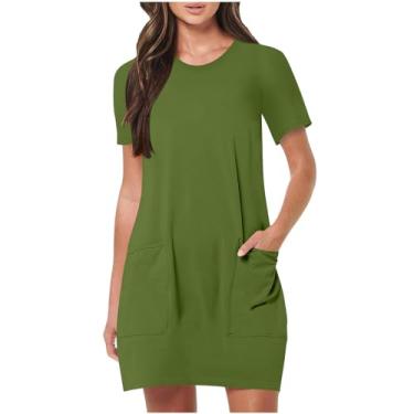 Imagem de BFAFEN Vestido feminino com gola redonda, manga curta, vestido túnica casual com bolsos, vestido midi de verão, Verde militar, M