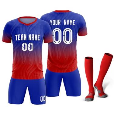 Imagem de Camisetas de futebol personalizadas com logotipo de número de nome masculino feminino infantil camisas de futebol personalizadas uniformes de equipe camiseta juvenil, Azul royal/vermelho/gradiente 13,