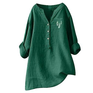 Imagem de Camisetas femininas de algodão e linho de manga longa 2024 casual cor sólida gola V abotoadas tops de verão grandes, Verde, 5G