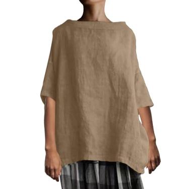 Imagem de Camisetas femininas de linho de algodão com manga 3/4, casual, gola redonda, boho, grande, cor sólida, blusas soltas de verão, Caqui, 5XG