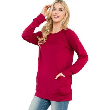 Imagem de Túnica Boho de malha folgada Hi-Low – Suéter de manga comprida com gola V e costura central, Blusa de manga comprida com bolso - Vinho, G