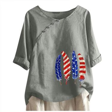 Imagem de 4th of July Camiseta feminina de linho vermelha, branca e azul com estampa pluma camiseta de verão manga curta com botões blusa casual, Cinza, G
